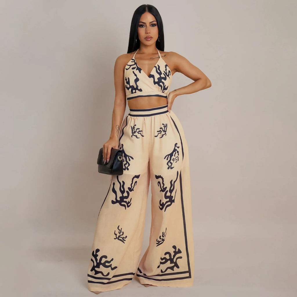 Women's Strap V-neck Crop Top and Wide Leg Pants Set