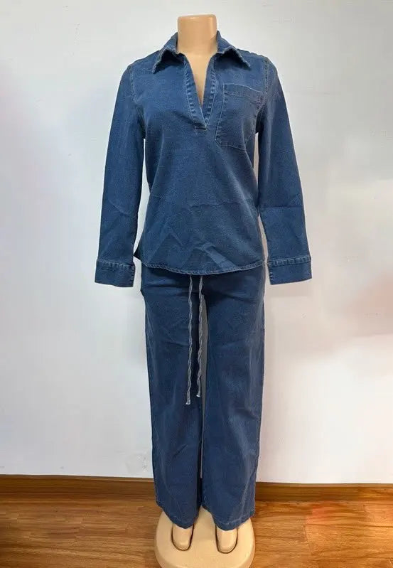 Women's Long Sleeve Washed Denim Top & Wide Leg Pants Set
