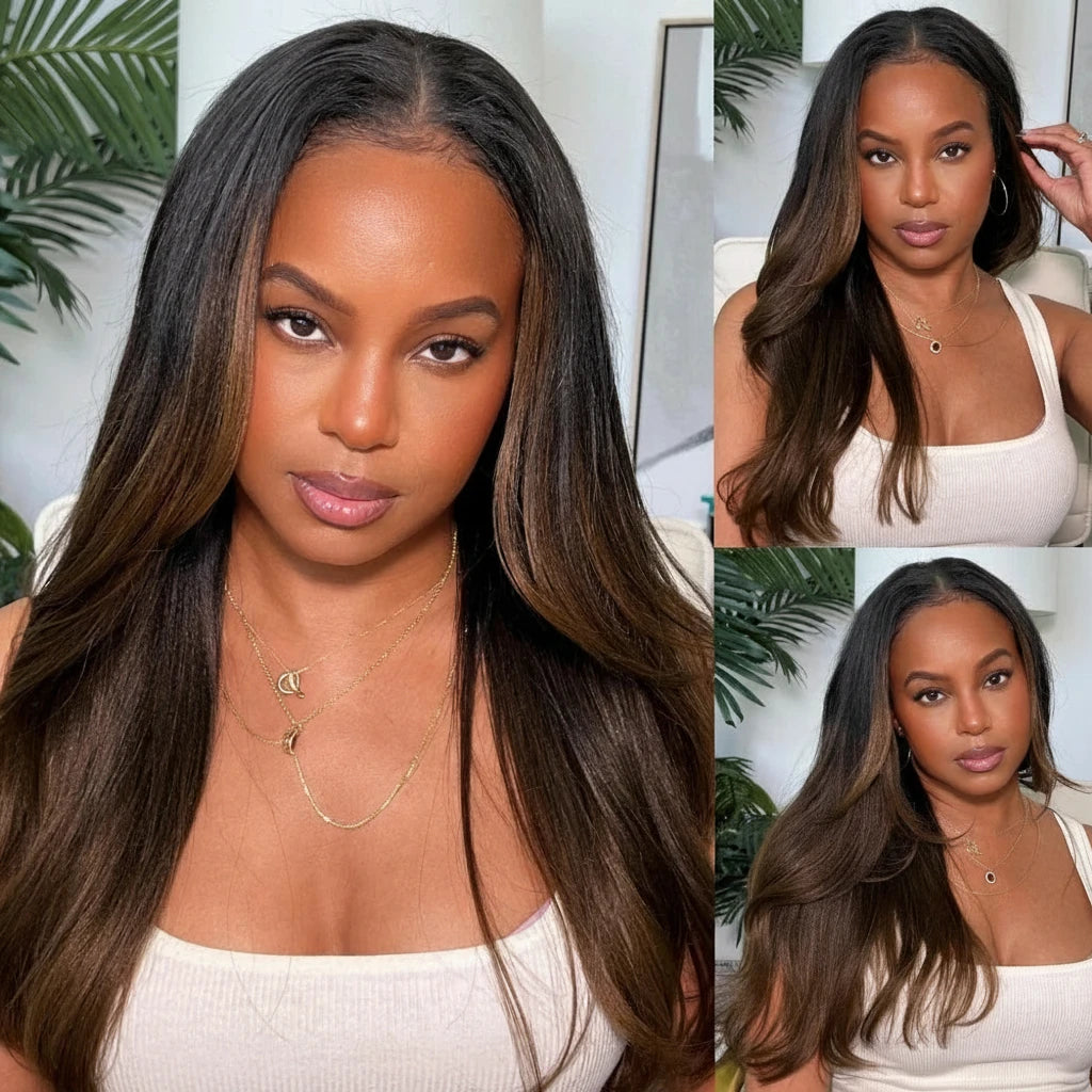 7x5 Lace Chestnut Brown Ombre Yaki Straight Wig