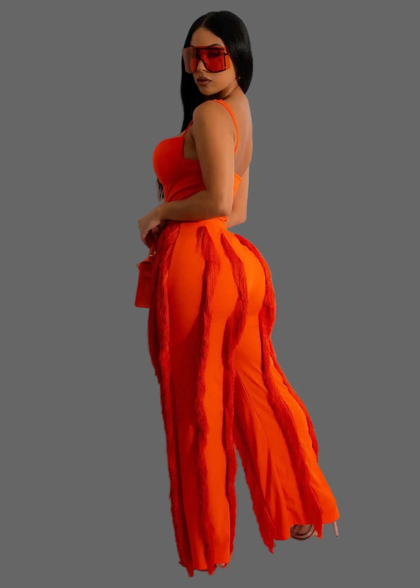 Women's Strapless Plunging V-neck Top and Tassel Straight Pants Jumpsuit