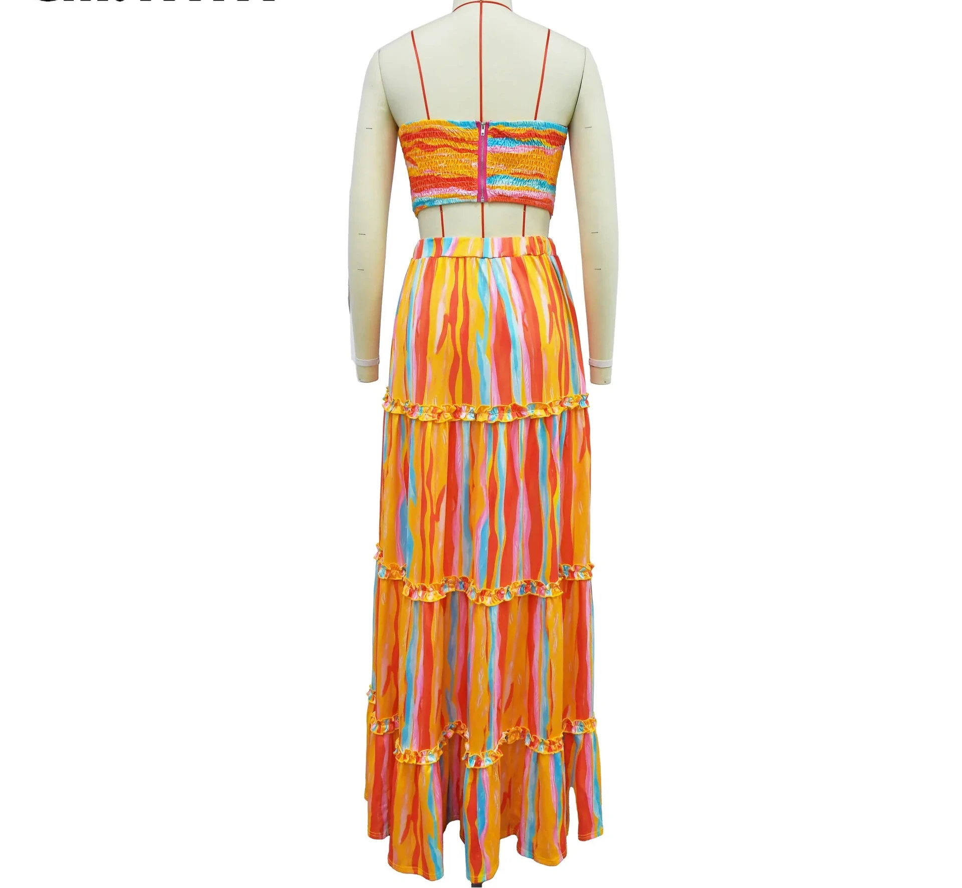 Women’s Colorful Striped Tiered Maxi Skirt and Cutout Strapless Crop Top Set