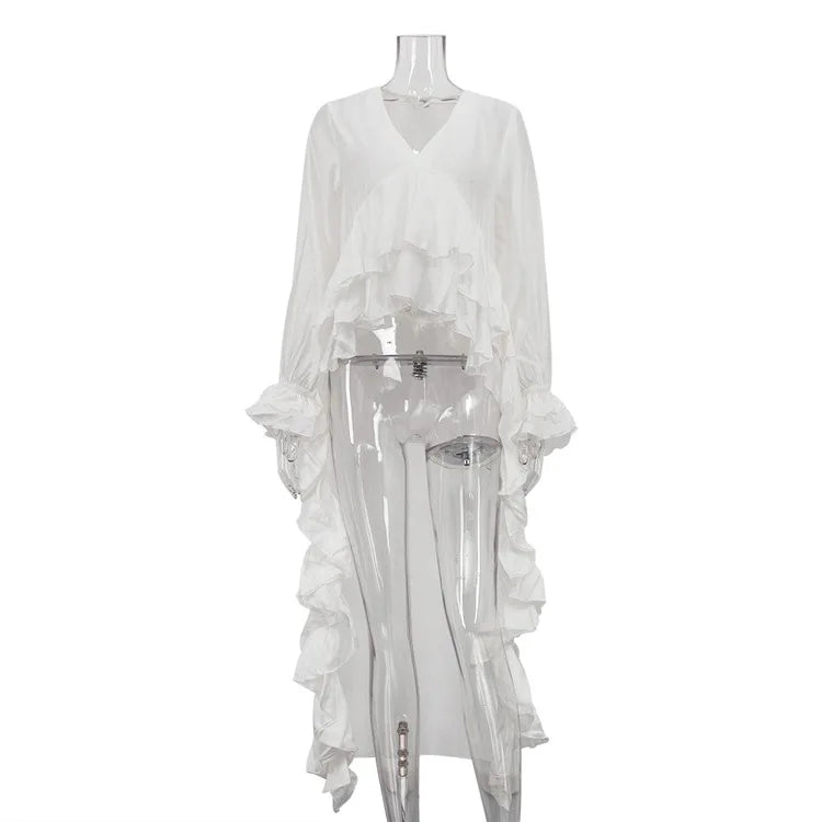 Women’s Solid Spliced Ruffles V Neck Long Sleeve Blouse