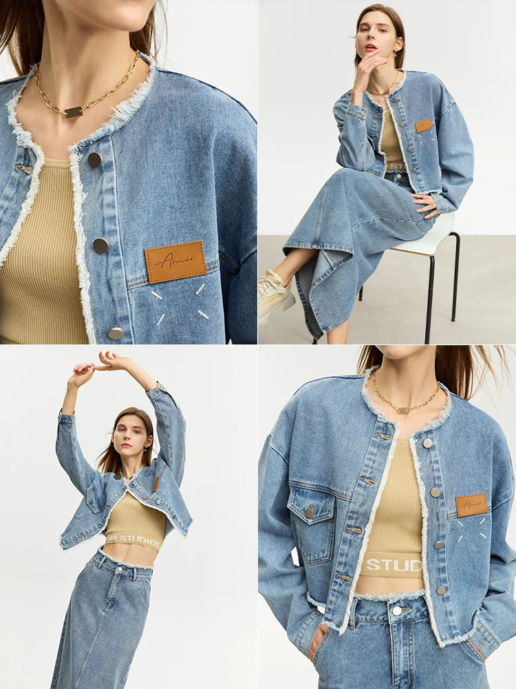 Women’s Denim Midi Skirt & Crew Neck Loose Jean Jacket