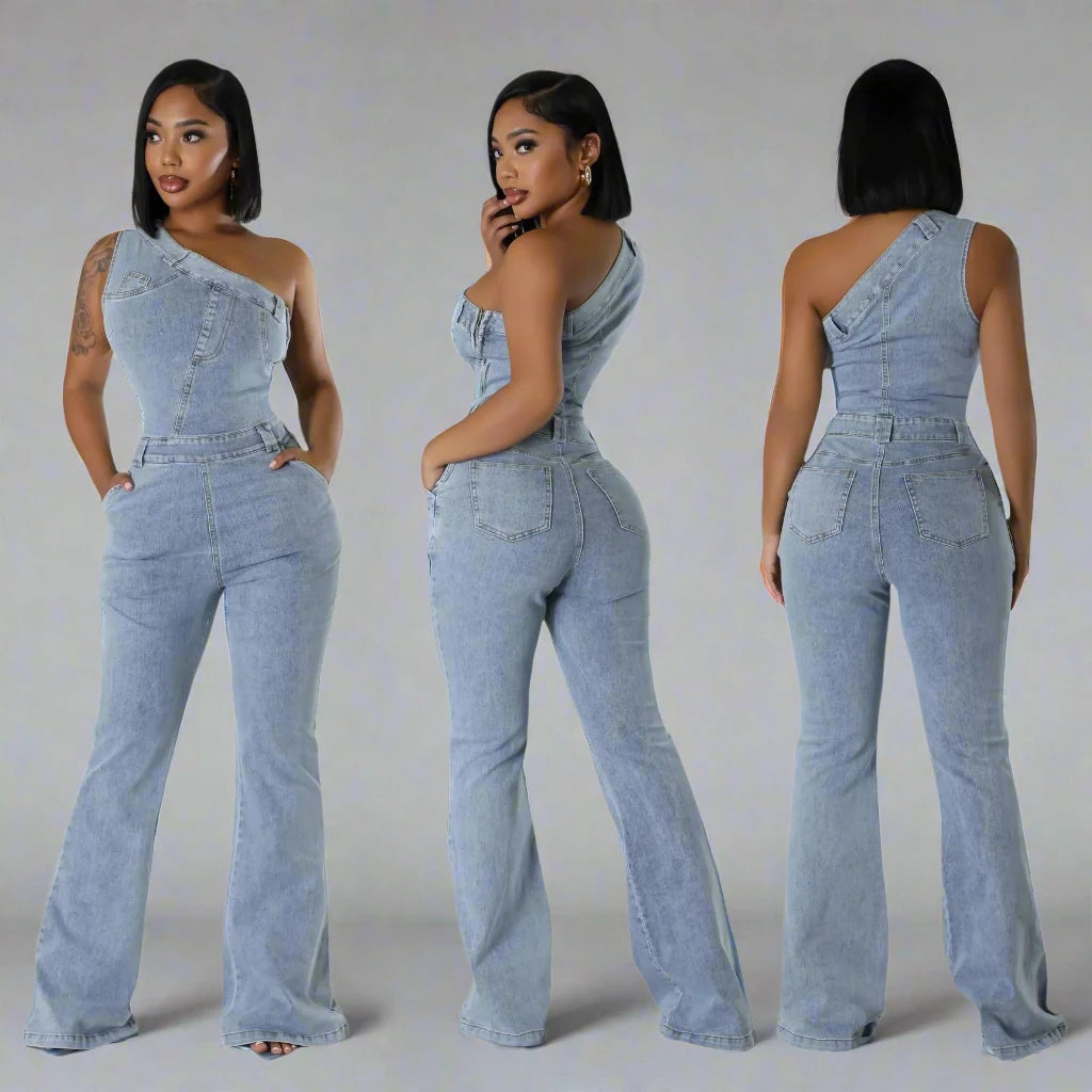 Women’s Flare Denim Full Length One Piece Basics Washed Overalls