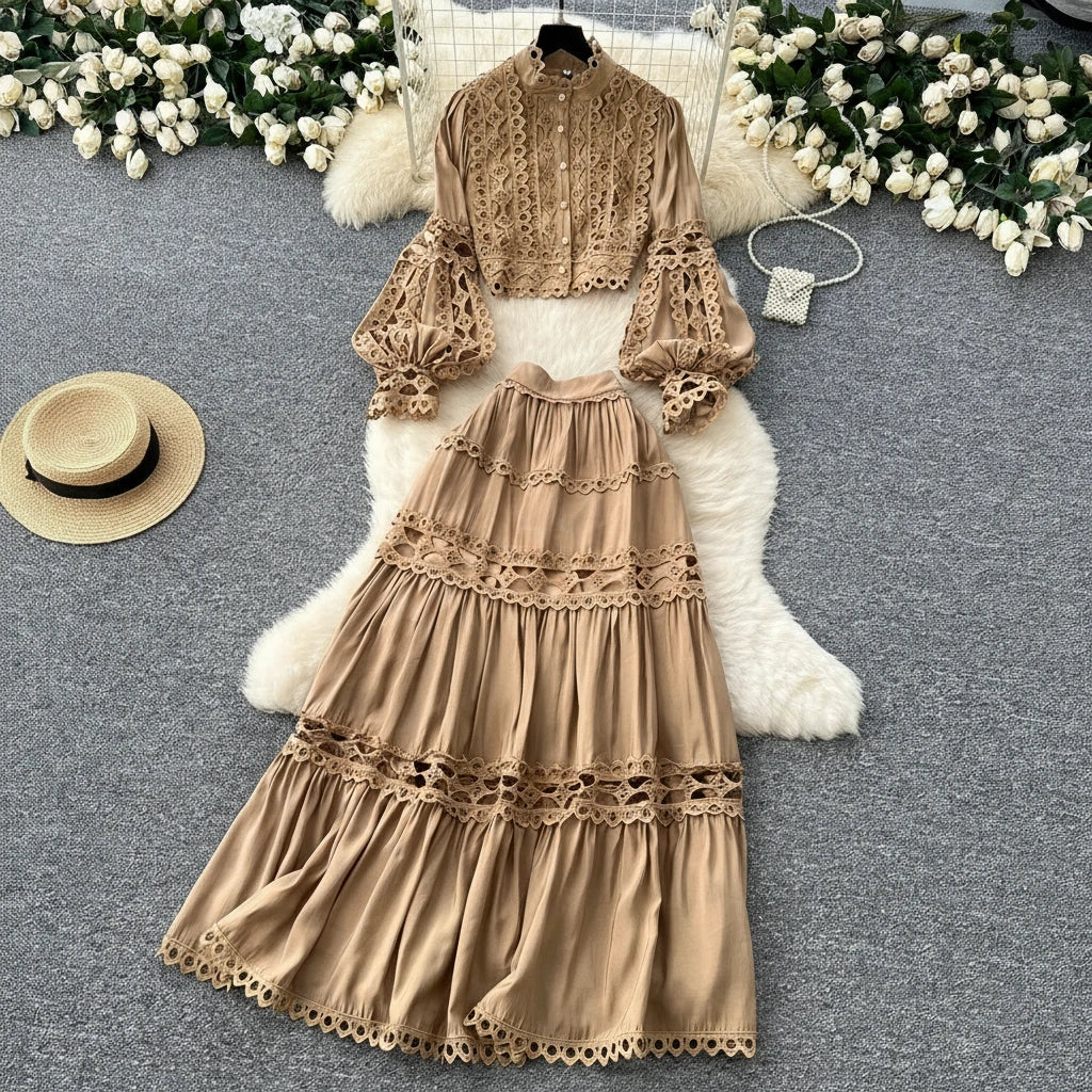 Women's Long Sleeve Lace Top and Pleated Maxi Skirt Set