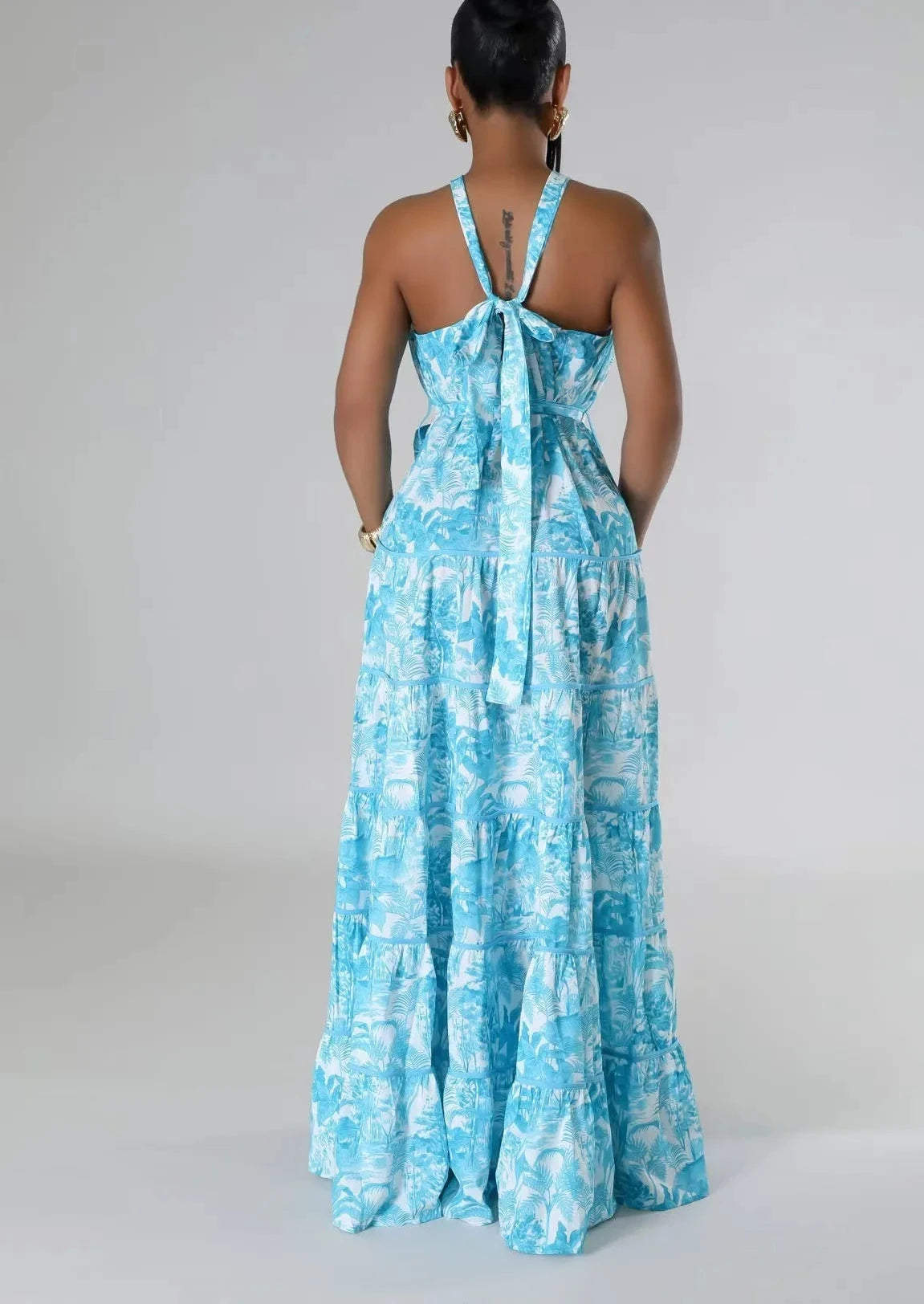 Women’s Sleeveless Printed Halter Neck Backless Maxi Dress