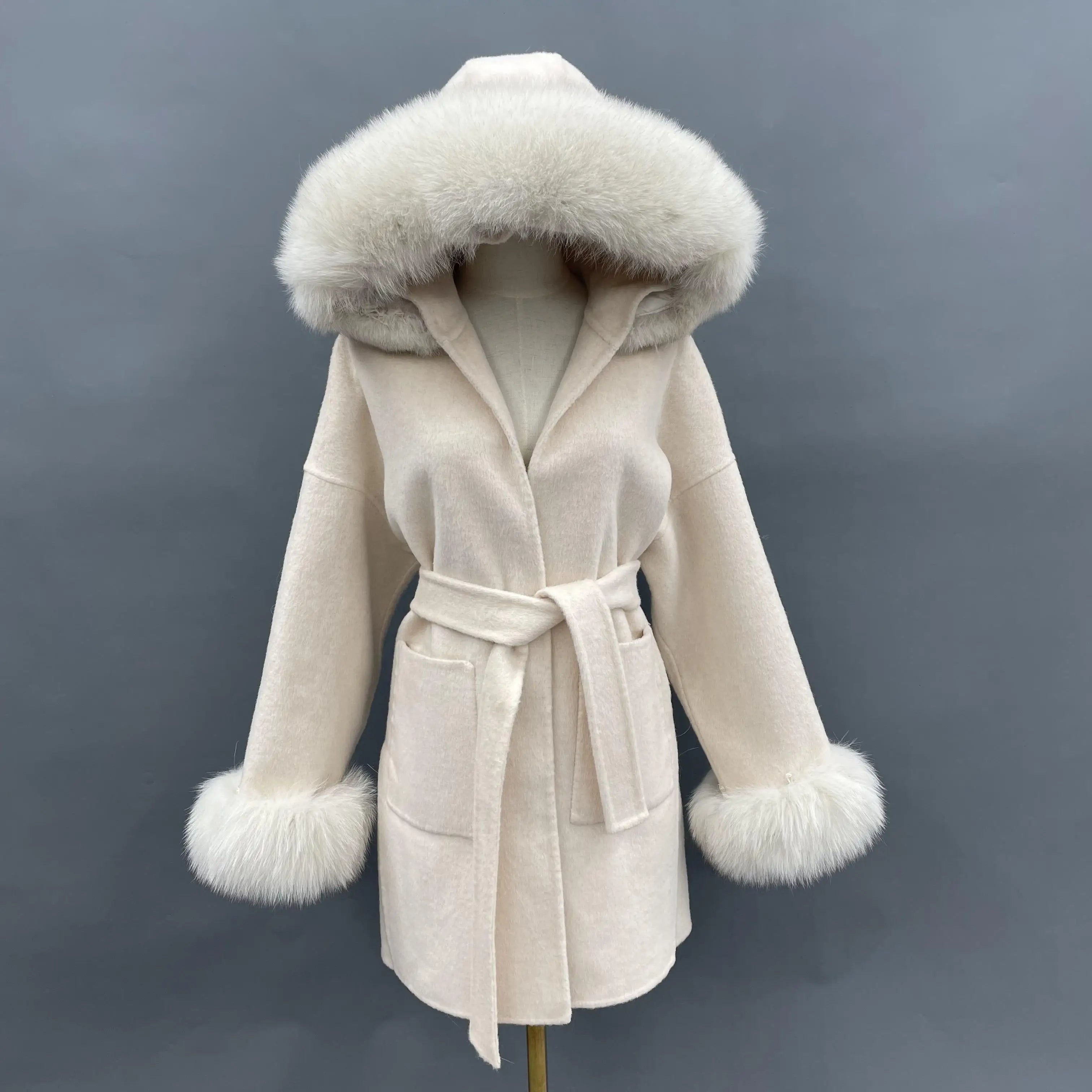 Hooded Wool Coat with Fox Fur Collar