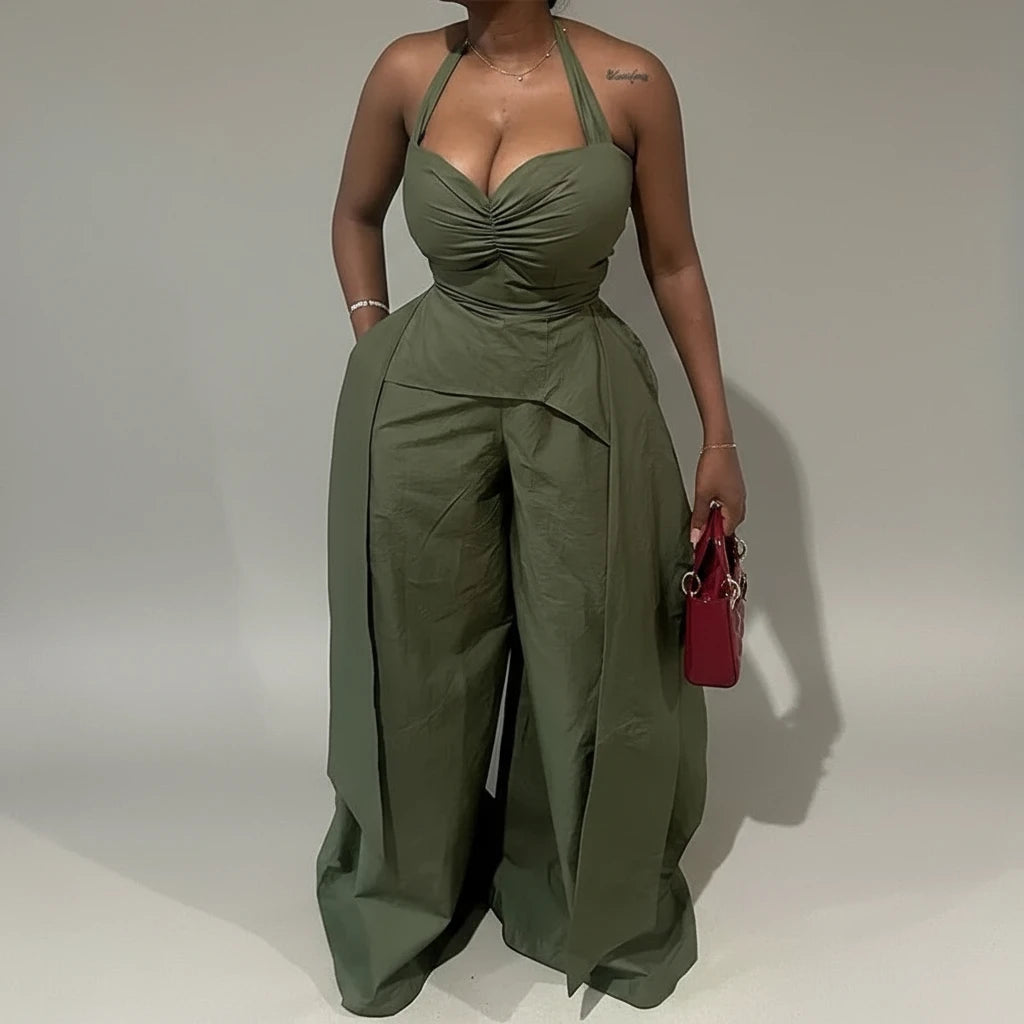 Women's Set Halter V-neck Ruched Front Streamer Side Crop Top & Wide Leg Pants Set