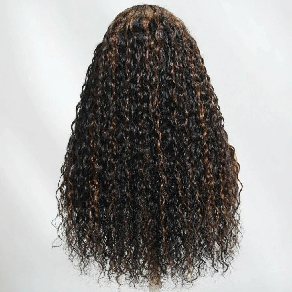 Lace 7x5 Bye-Bye Knots Brown Highlights Water Wave Human Hair Ready To Wear Wig
