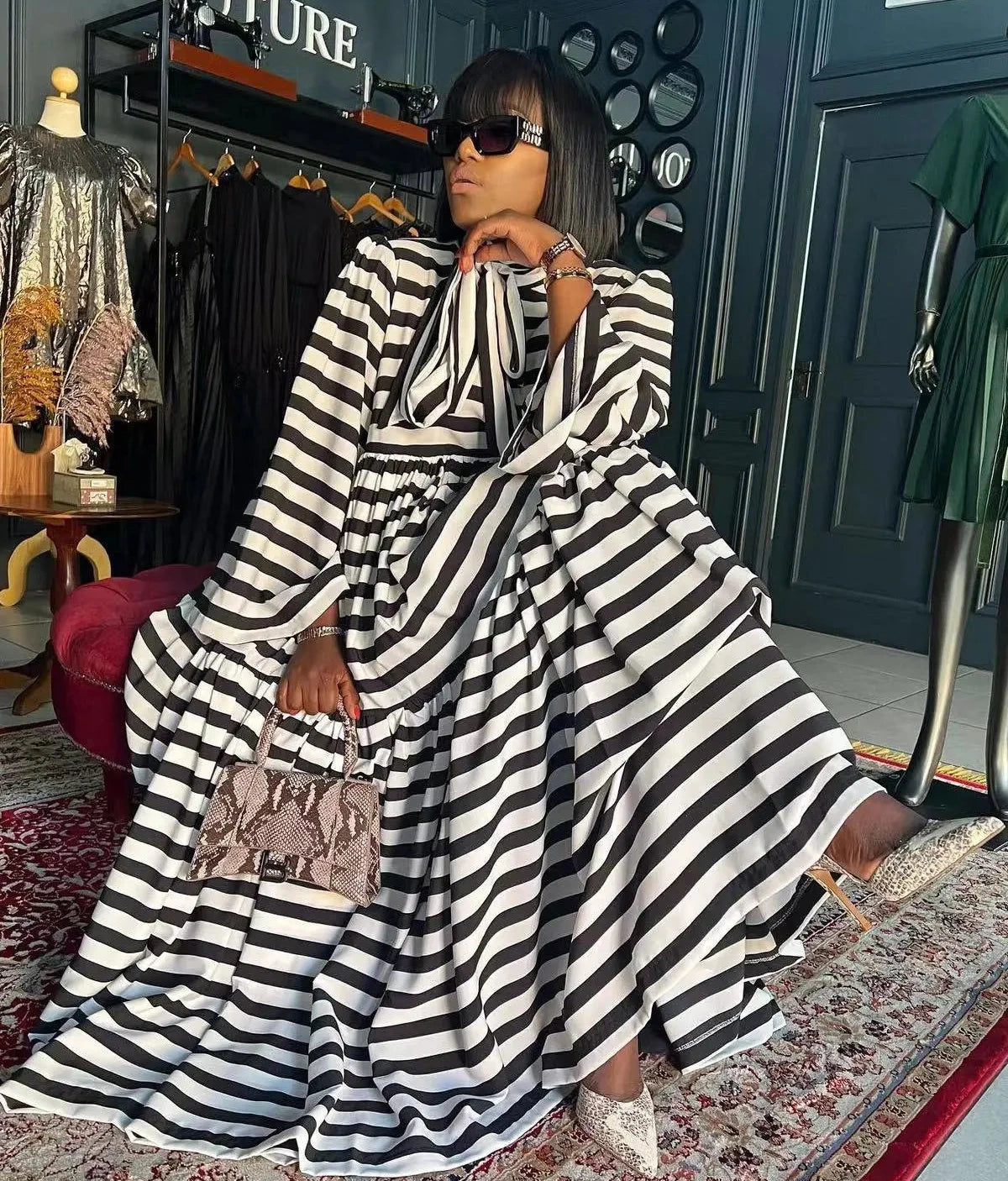 Women’s Striped Bowknot Collar Long Sleeve High Waist Babydoll Maxi Long Dress