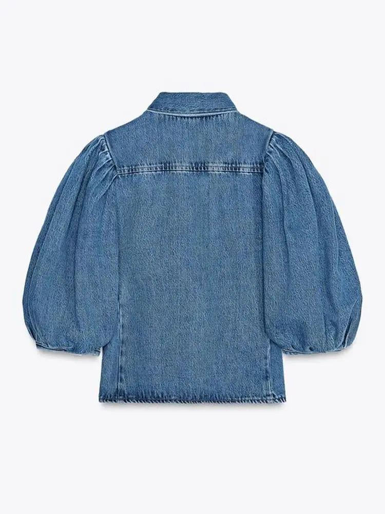 Women’s Denim Short Solid Lapel Half Puff Sleeve Single Breasted Pleated Top
