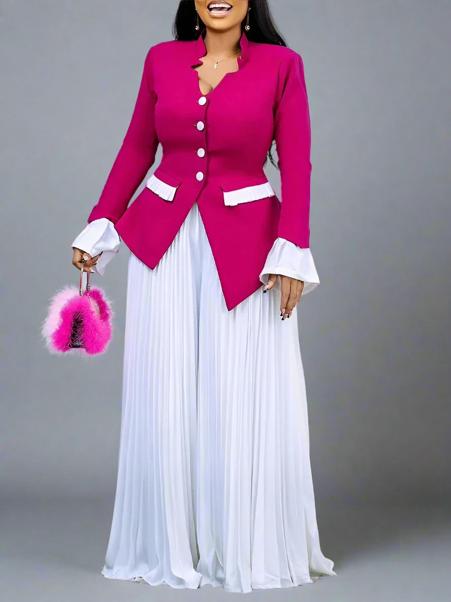 Women's Full Flare Sleeve Button Blazer Shirt + Pleated Long Pants Set