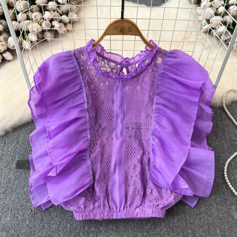 Women’s Stand Collar Lace Hollow Out Ruffles Blouse