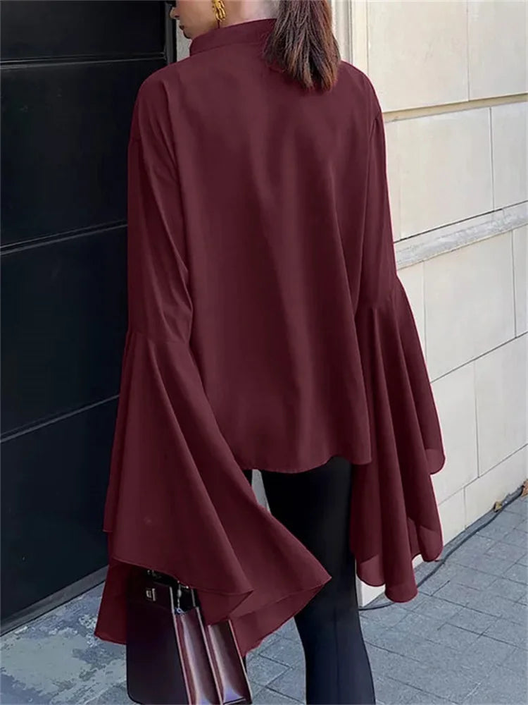 V Neck Chiffon Ruffled Long Sleeve Blouse