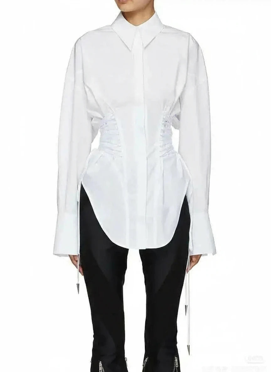 Women's Multiple Drawstrings Lapel Long Sleeves Blouse