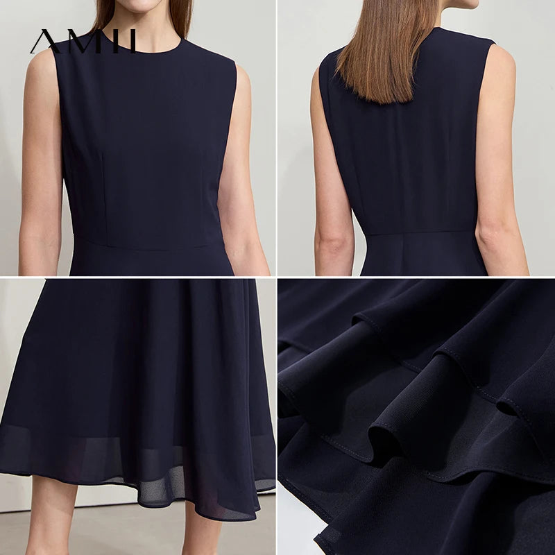 Women’s Round Neck Sleeveless Slim Waist Comfort Long Dress