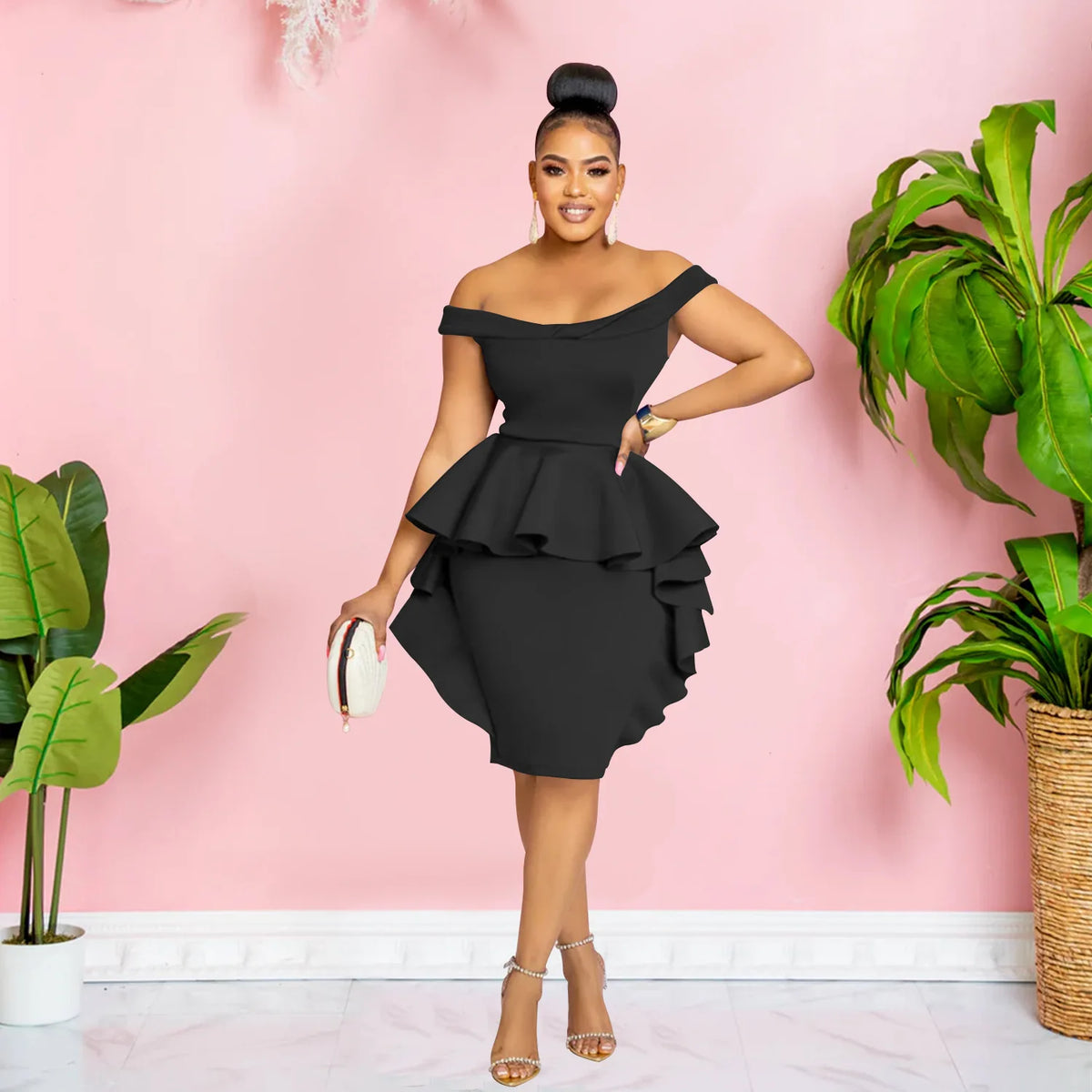 Women’s Off Shoulder Short Sleeve V-neck Bodycon Midi Dress with Side Ruffles