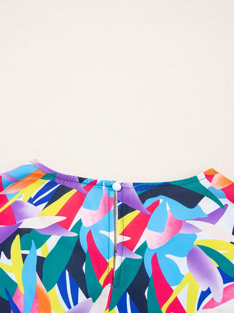 Plus Size Geo Print O-Neck Flying Sleeve Boho Ruffle Hem Loose Dress