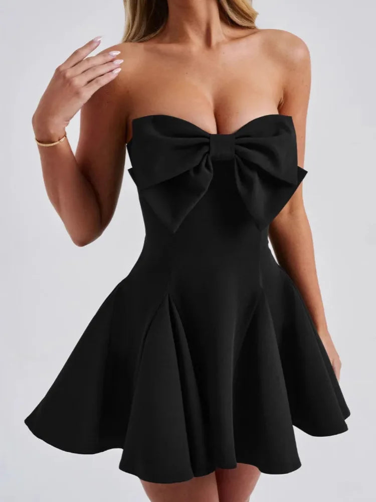 Bow Strapless Backless Mini Dress For Women Solid Off-shoulder Sleeveless A-line Dress