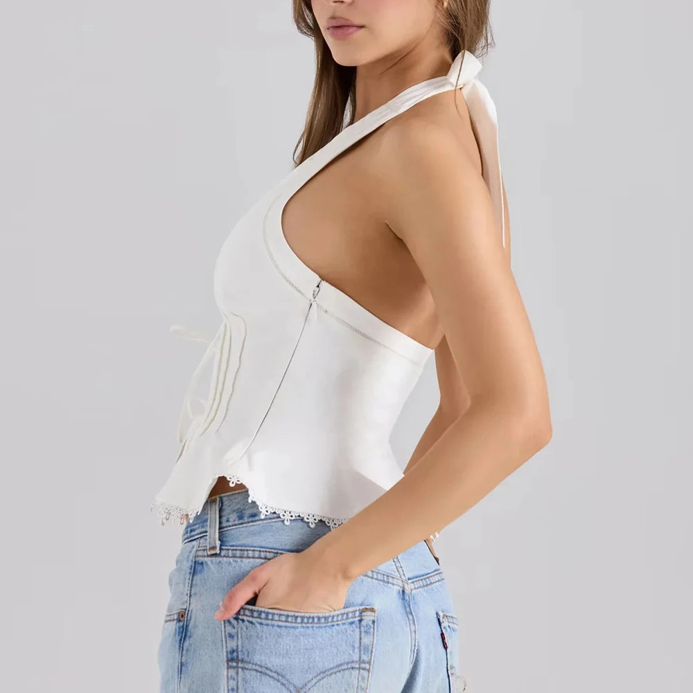 Women’s V Neck Sleeveless Tunic Temperament Spliced Lace Up Crop Top