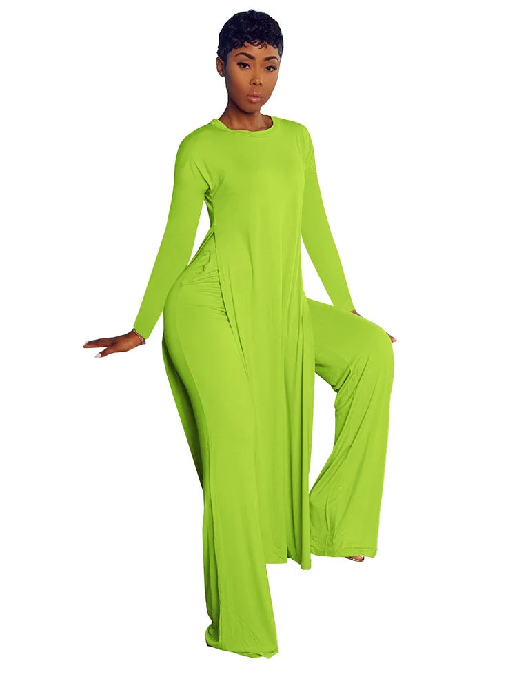 Women's Long Sleeve High Slit X-long Tee Top & Straight Pant Suit