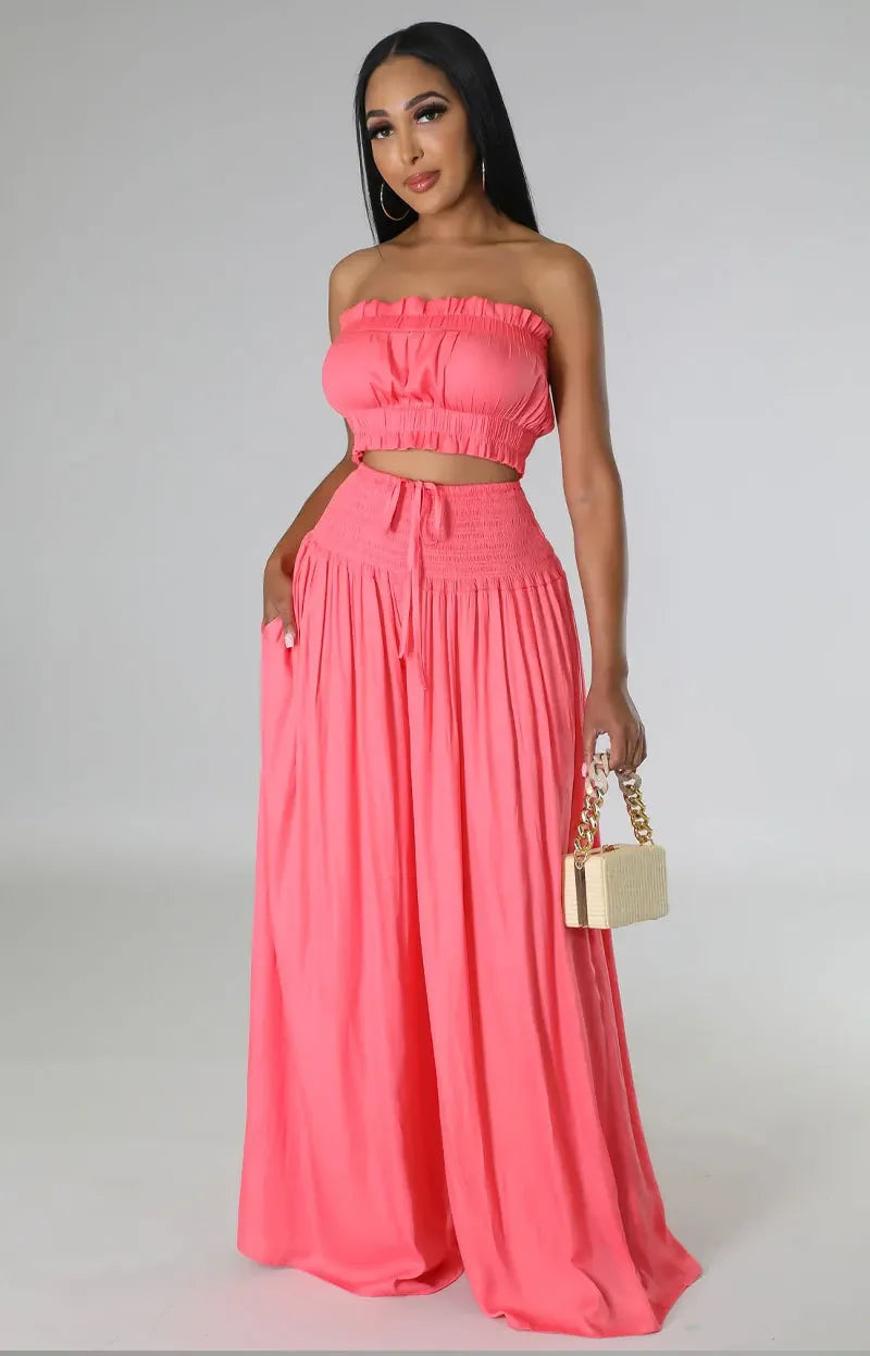 Women's Strapless Crop Top and High Waist Wide Leg Pants
