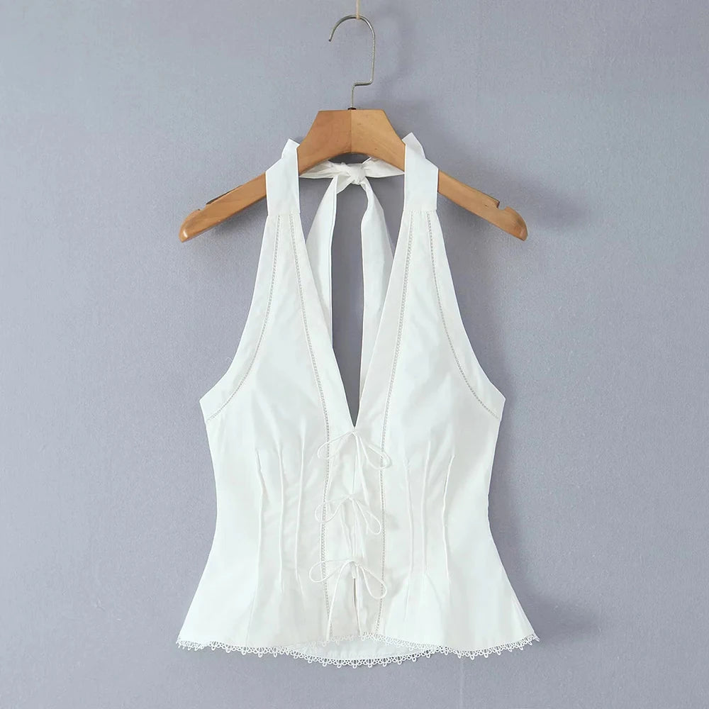 Women’s V Neck Sleeveless Tunic Temperament Spliced Lace Up Crop Top