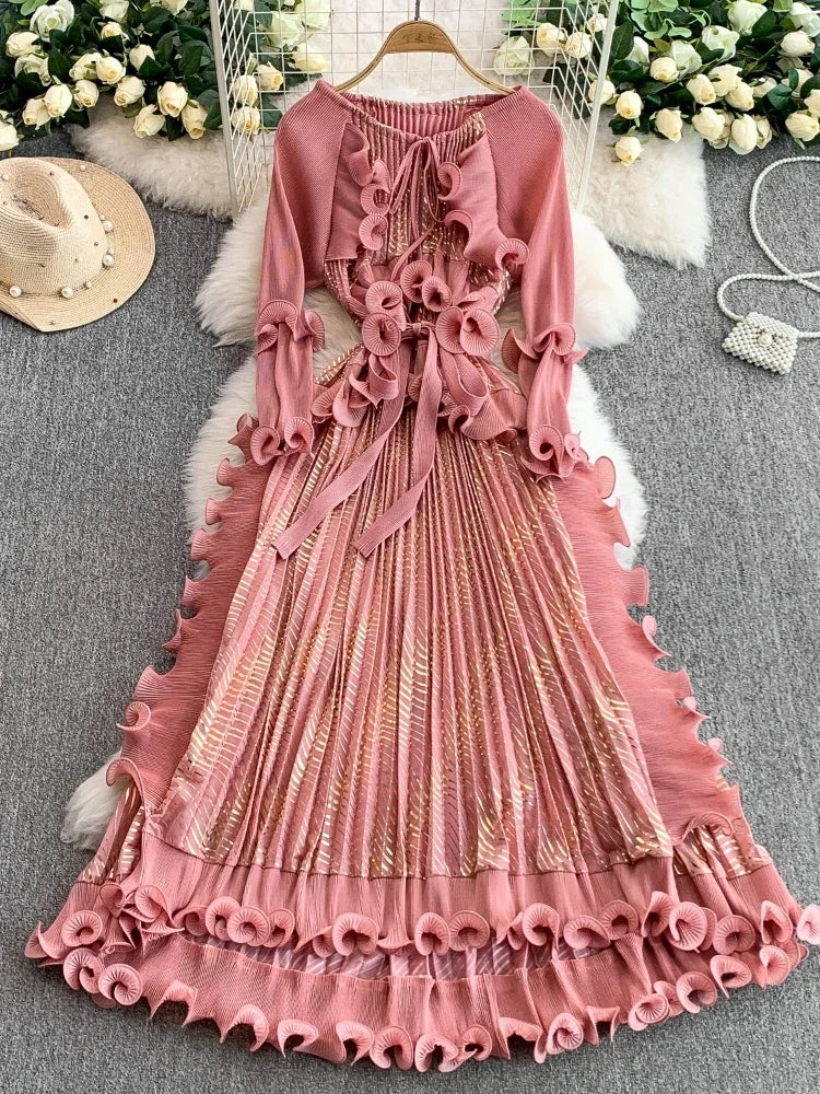 Crew Neck Dress Lotus Leaf Edge Long Waist Pleated Dress