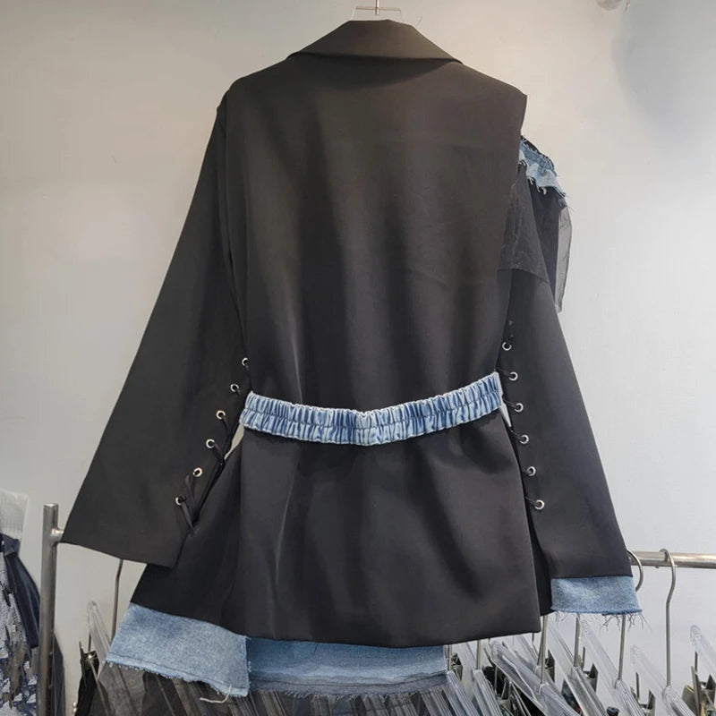 Women's Denim Patchwork Off-shoulder Single Breasted Belt Waisted Suit Jacket