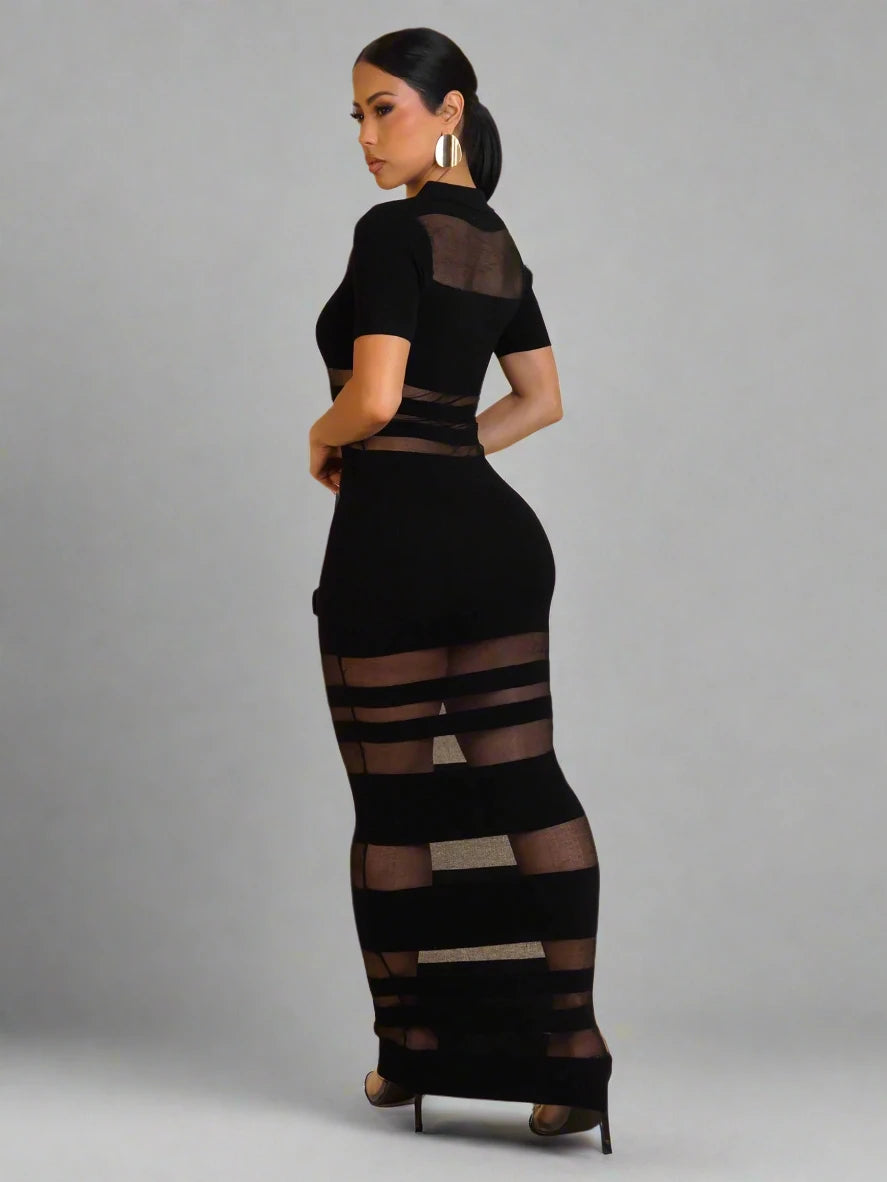 Women’s Mesh See-Though Patchwork Polo-Collar Bodycon Maxi Dress