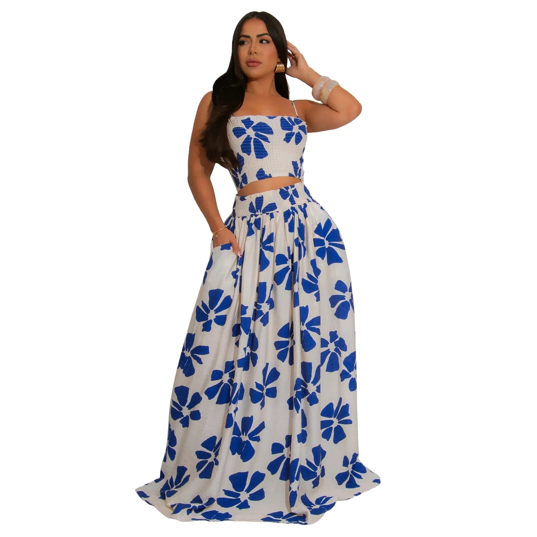 Women's Floral Strap Sleeveless Tank Top and Maxi Long Skirt