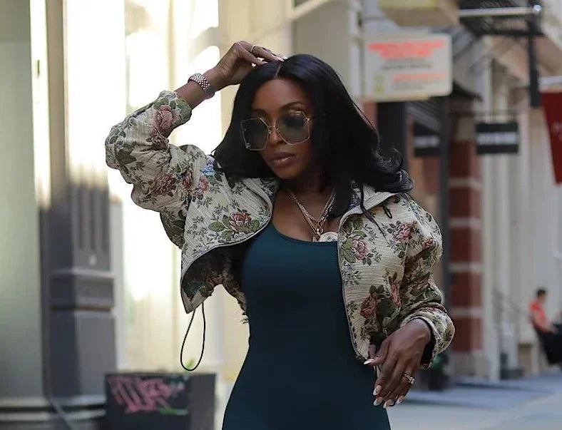 Washed Denim Full Sleeve Floral Jacket and Pockets Cargo Jeans 2 Piece Set