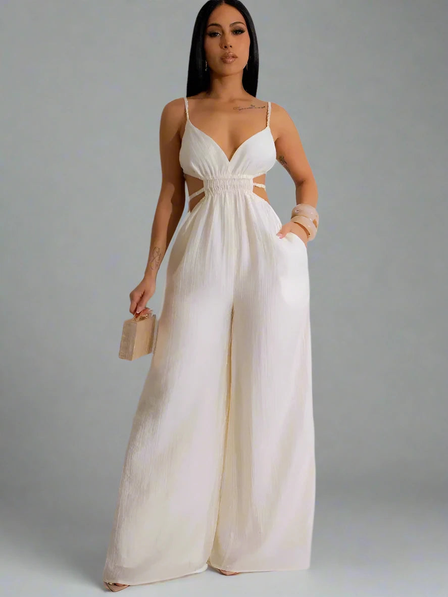 Women’s Sleeveless Strap V-neck Backless Wide Leg Long Jumpsuit