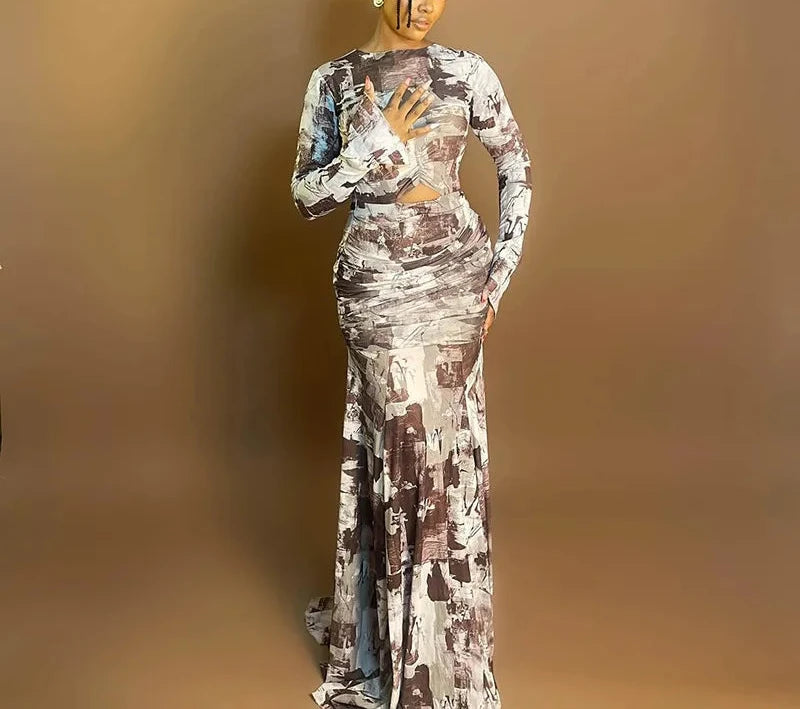 Women’s Printed Ruched Long Sleeve Floor Length Cutout Maxi Dress