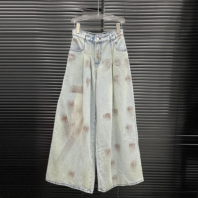 Vintage Back Bandage Design Denim Vest and High Waist Straight Wide Leg Jeans