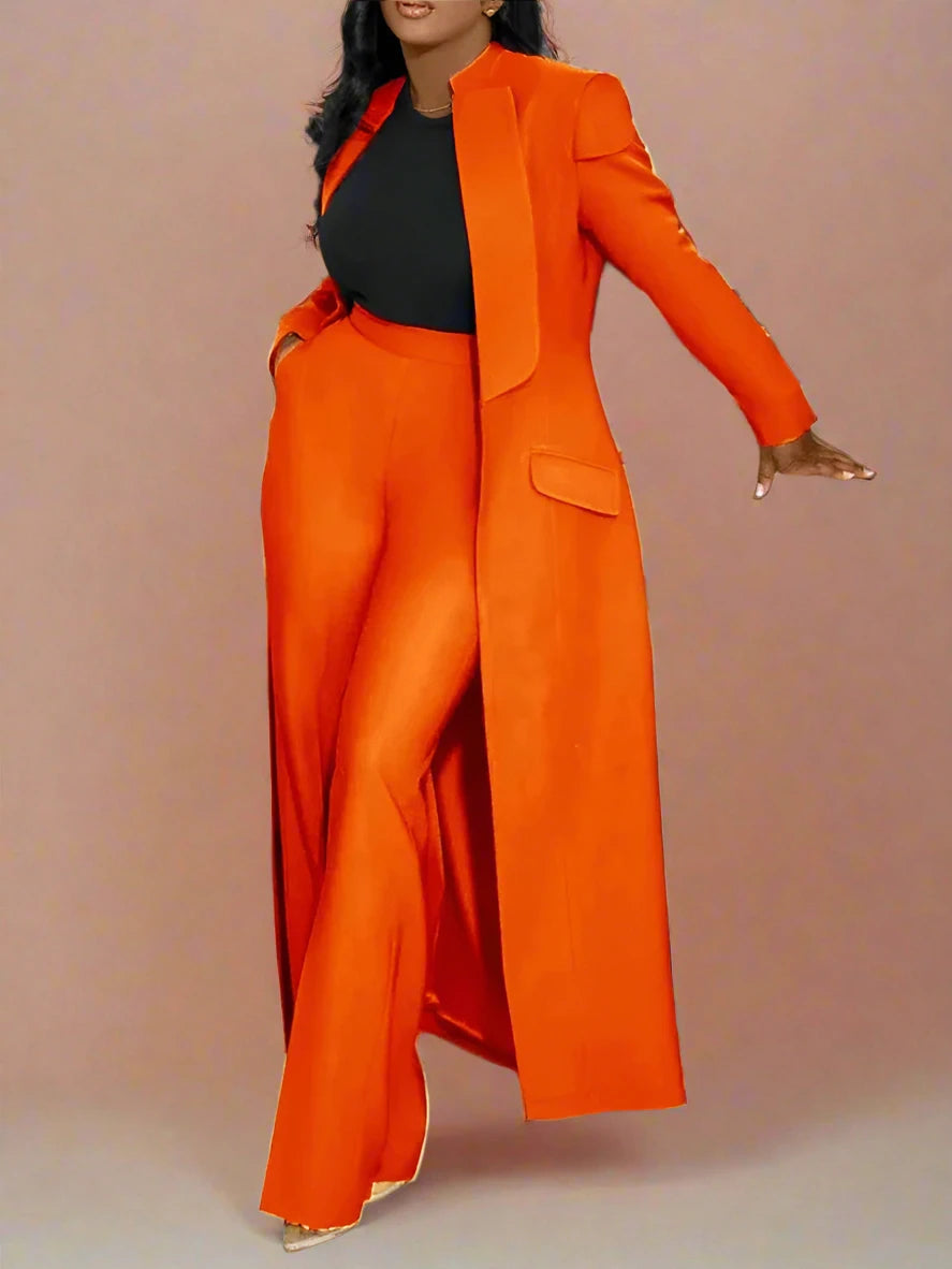 Women's Full Sleeve X-Long Blazer Coat+ Long Pant Set