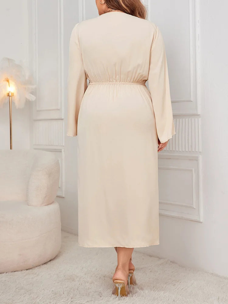 Women’s Plus Size Solid V-neck Twist Front Long Sleeve Asymmetrical  Dress