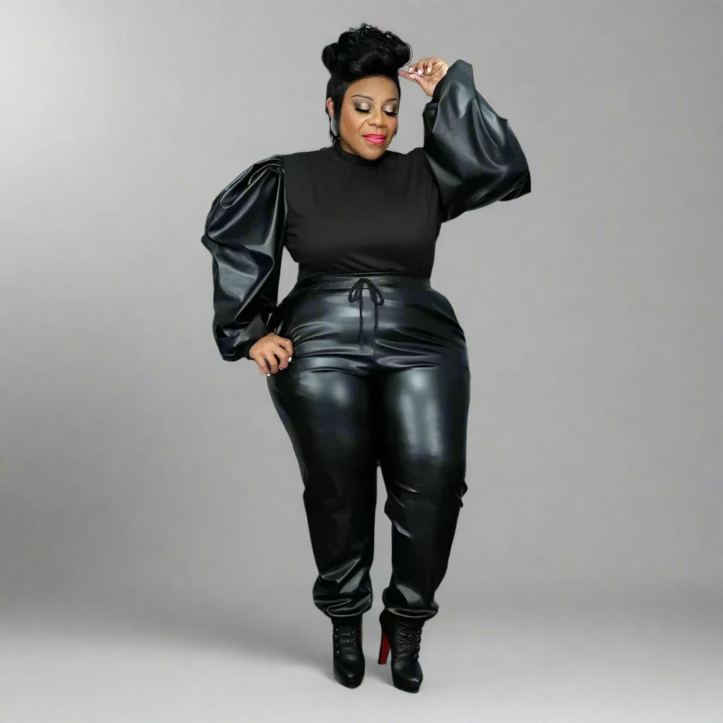 Plus Size Women’s PU Puff Long Sleeve Patchwork Top and Pants