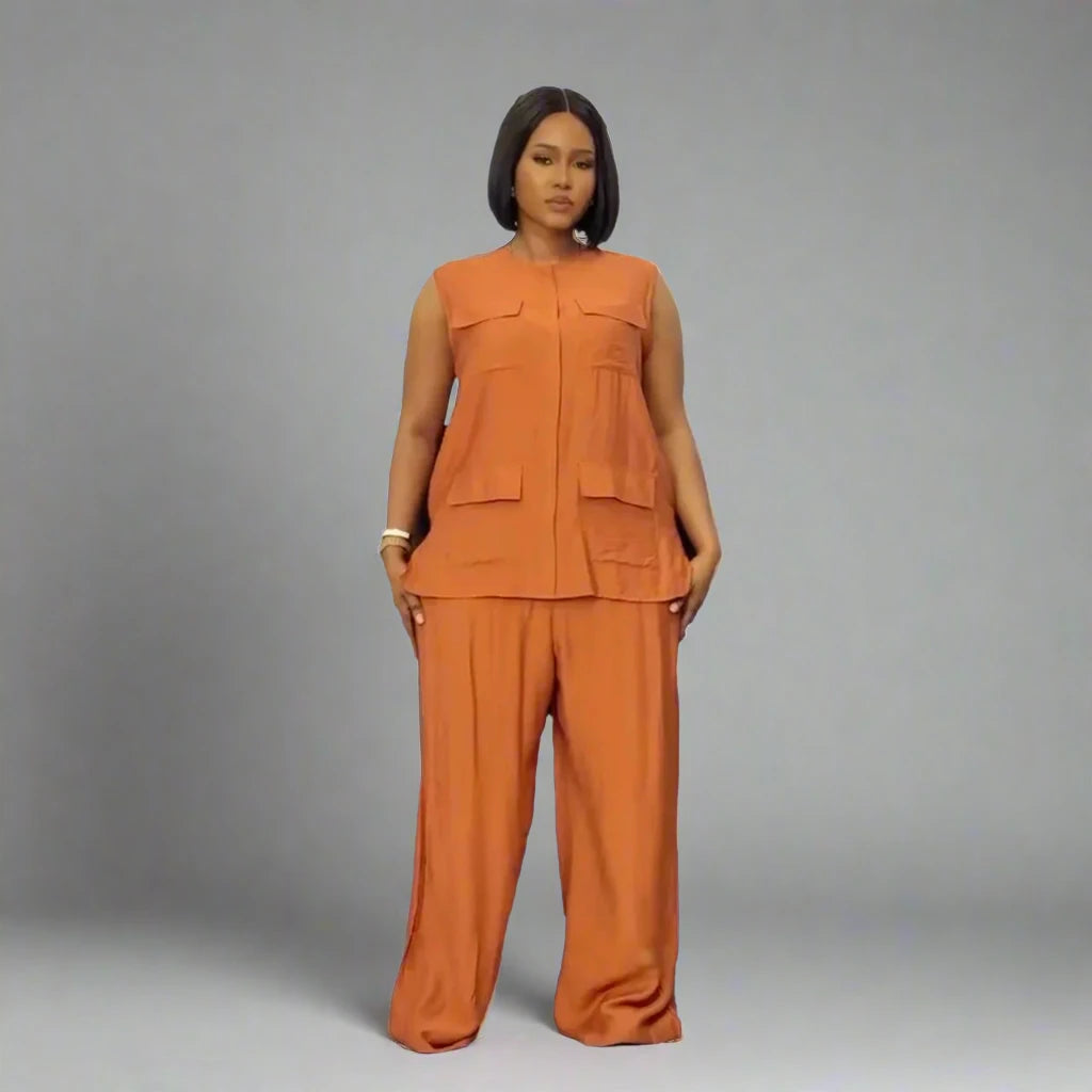 Women's Sleeveless Shirt Top + Wide Leg Pants Set with Belt