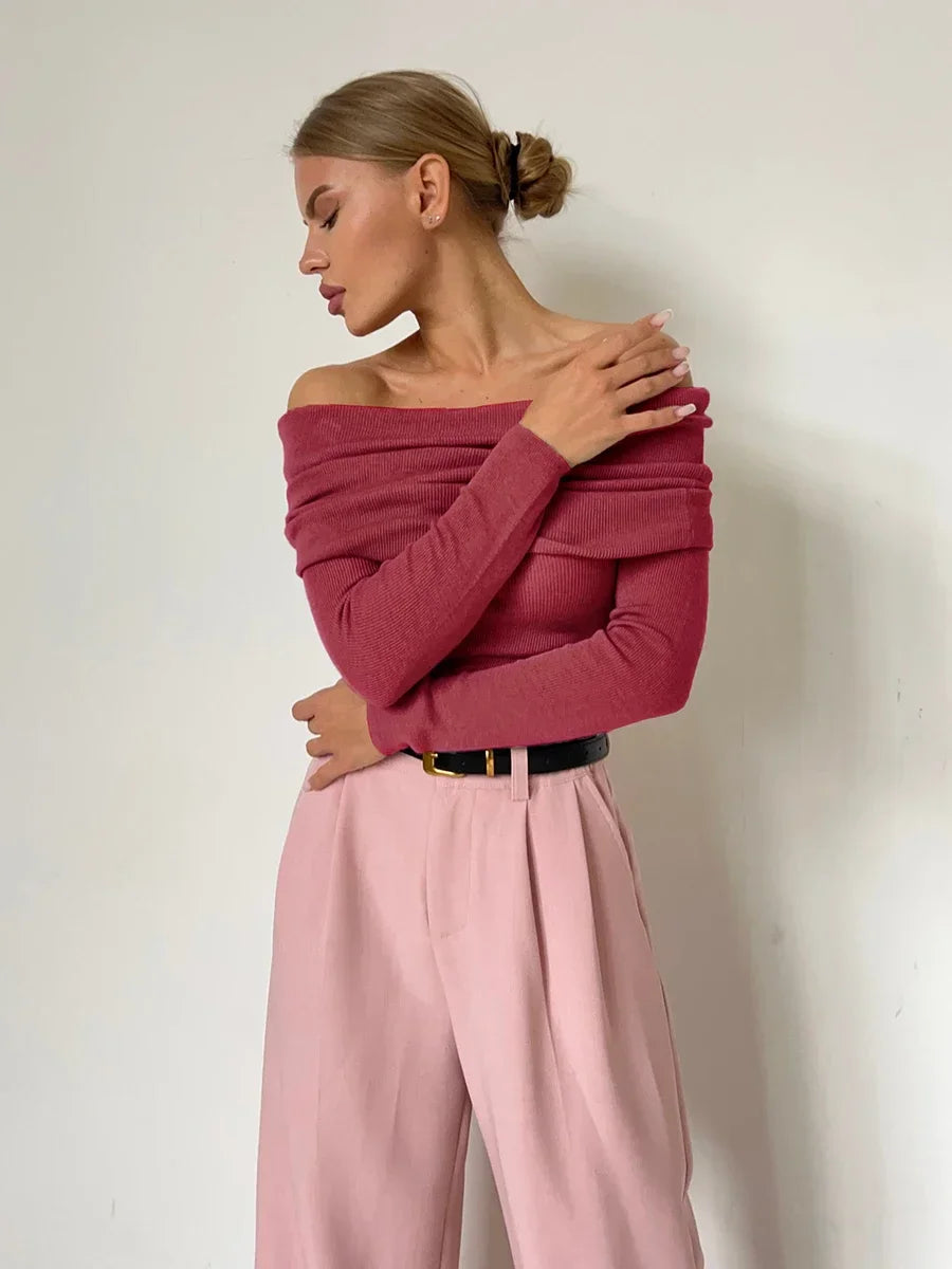 Women’s Knitted Long Sleeve Off Shoulder Basic Sweater