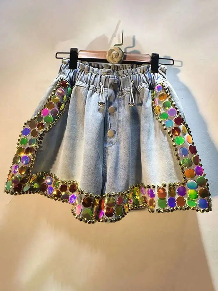 Women's Denim Shorts Loose Elastic Waist Rivet Colorful Big Sequins Wide Leg Short Jeans