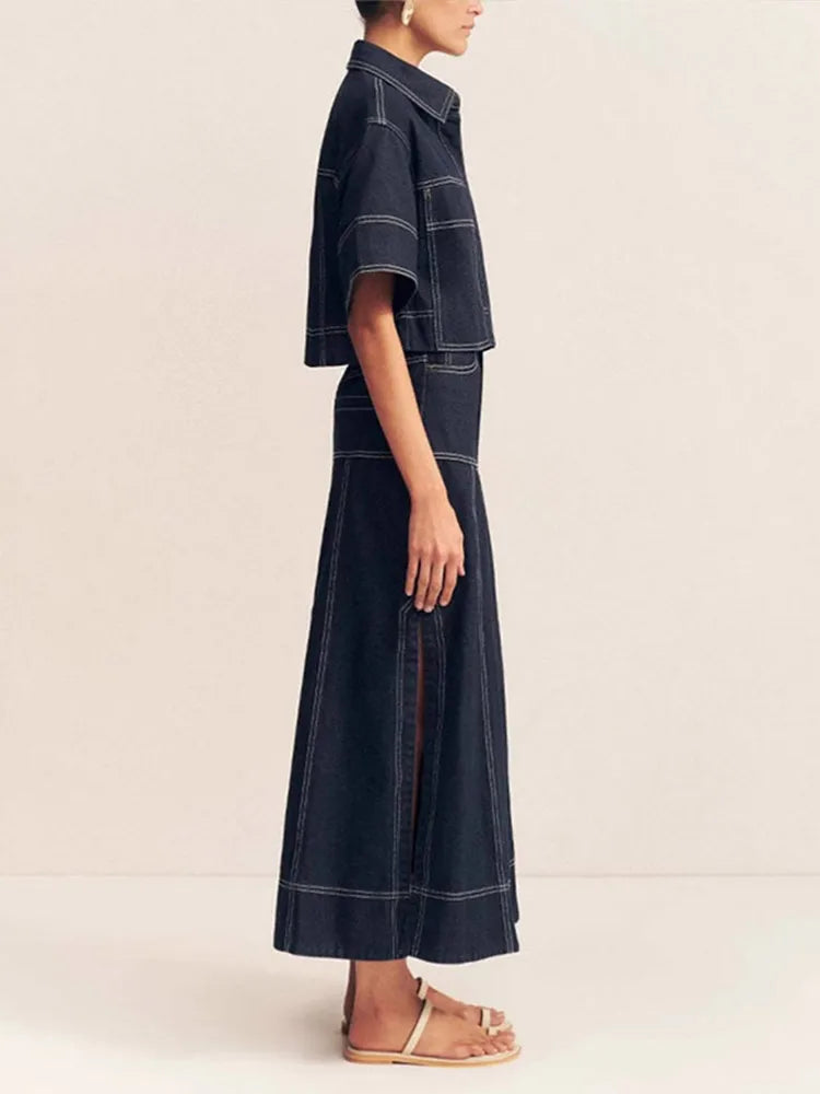 Women’s Lapel Pockets Short-sleeves Denim Shirt + A-line Long Denim Skirt Set