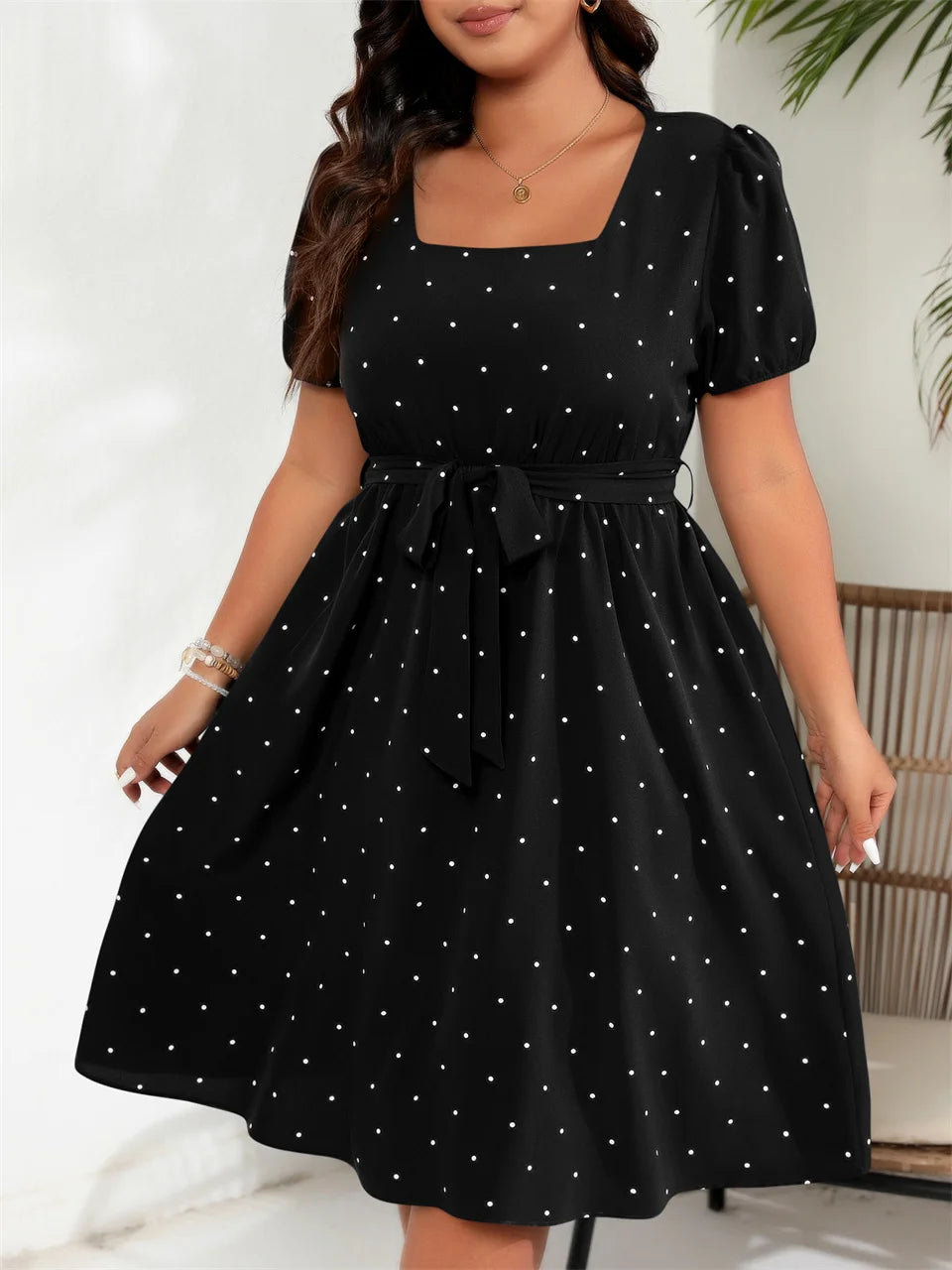 Plus Size Square Neck Polka Dot Belted Retro Puff Sleeve High Waist Dress