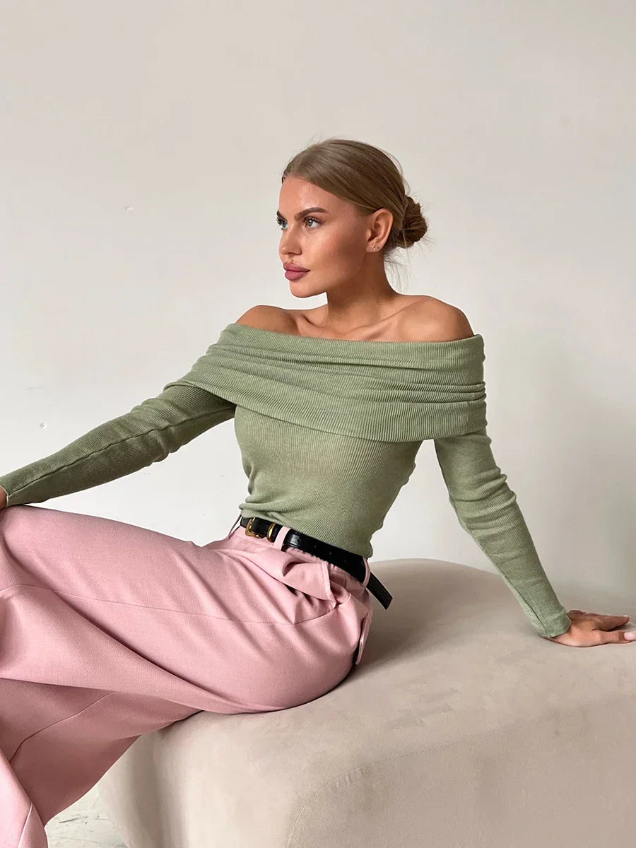 Women’s Knitted Long Sleeve Off Shoulder Basic Sweater