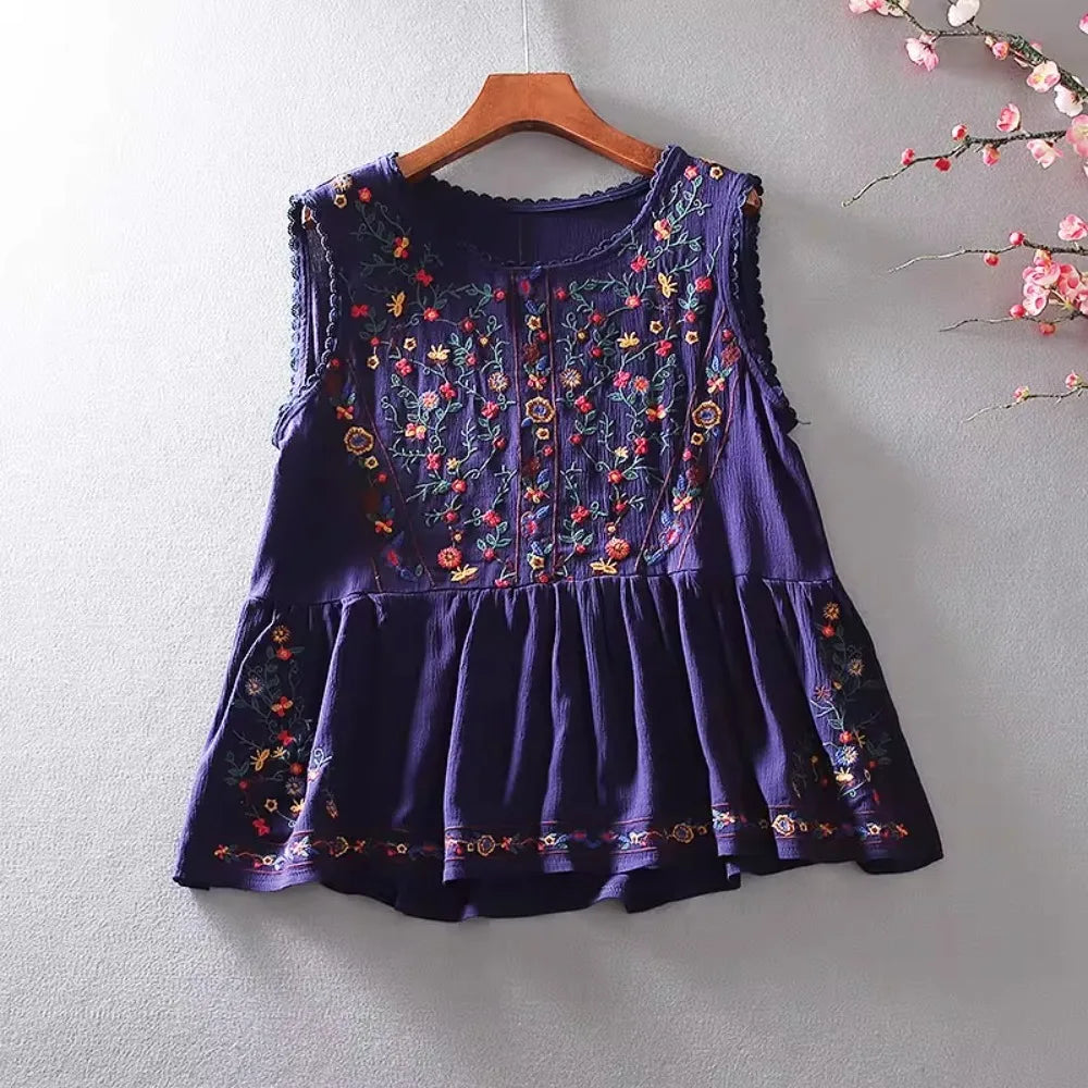 Loose Casual Ruffles Vintage Embroidery Blouse