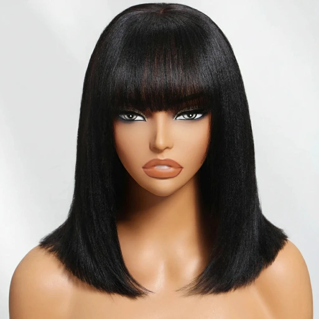 Balayage Highlight Yaki Straight Bob Wig With Bangs Scalp Middle Part 4x2 Lace 100% Human Hair Short Bob Wigs