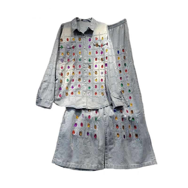 Women's Grid Shaped Hot Diamond Denim Blouse Elastic Waist Loose Wide Leg Jeans 2 Piece Set