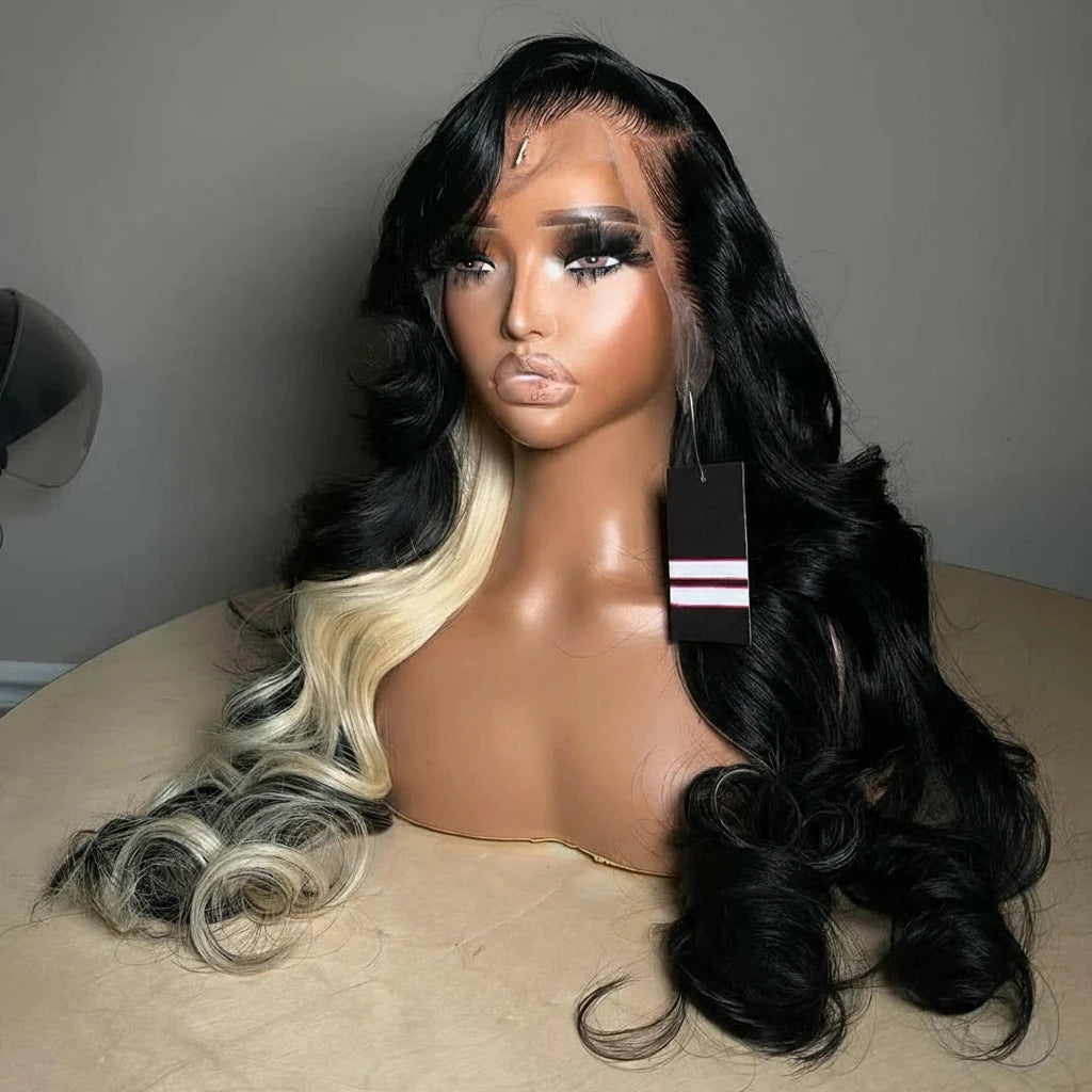 613 Blonde With Black Half Highlight 13X6 180 Density Human Hair 5X5 Lace Front Wig