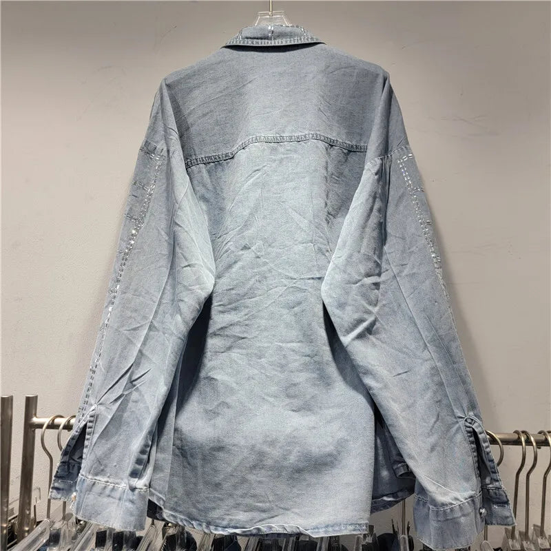 Women's Grid Shaped Hot Diamond Denim Blouse Elastic Waist Loose Wide Leg Jeans 2 Piece Set