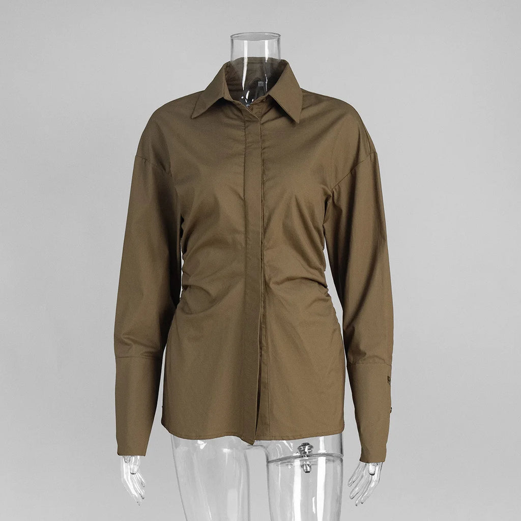 Women’s Solid Spliced Slimming Lapel Long Sleeve Tunic Temperament Blouse